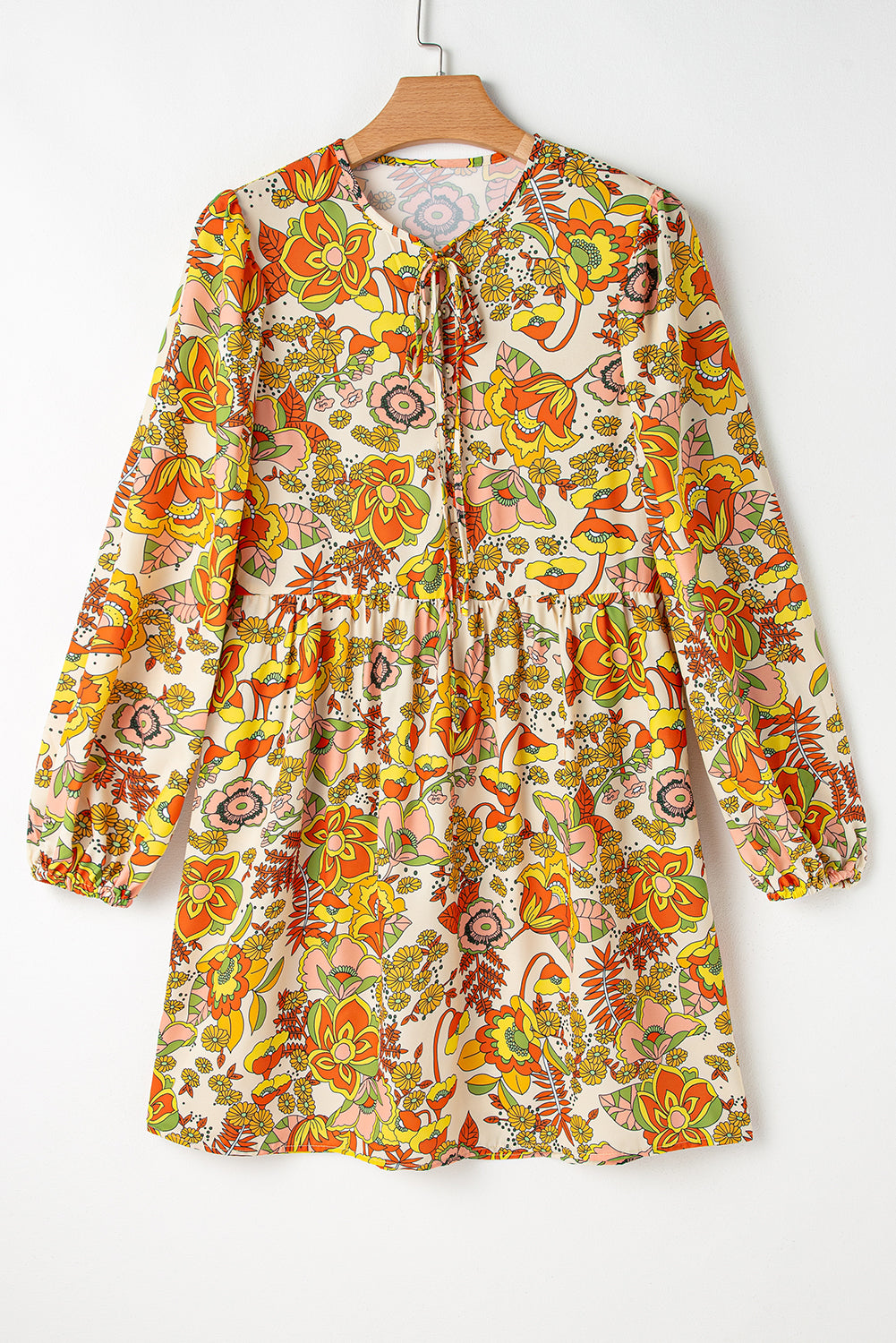 Yellow Cream Floral Print V Neck Puff Sleeve Mini Dress Kittybear Krafts