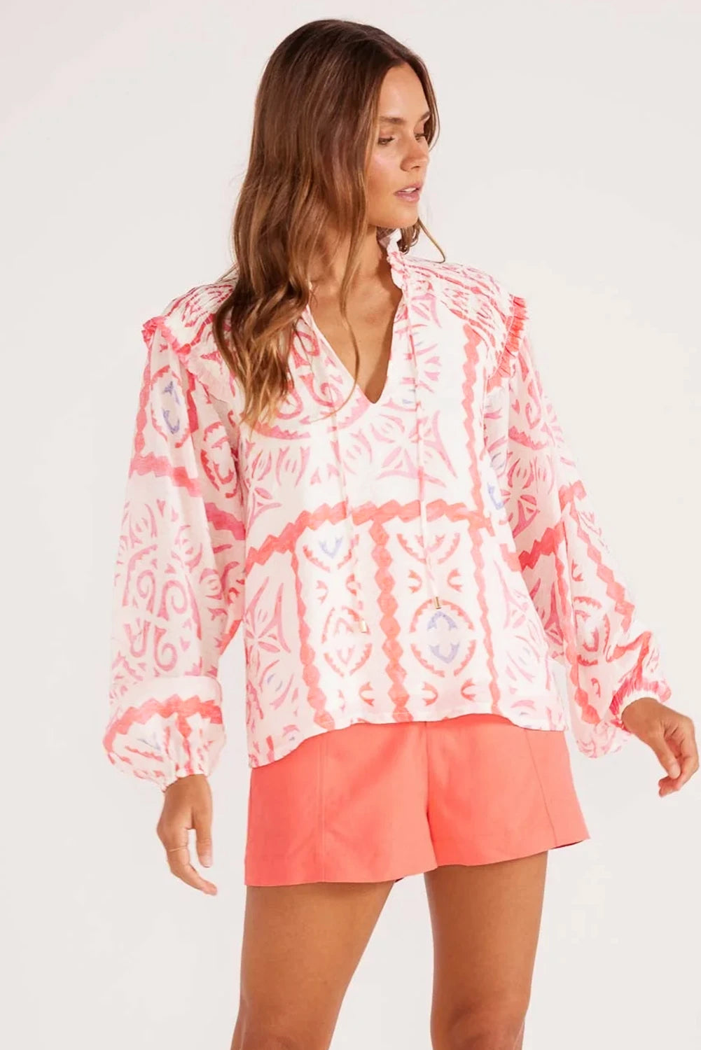 Desert Flower Vintage Print Smocked Poet Collar Billowy Blouson Sleeves Blouse Kittybear Krafts