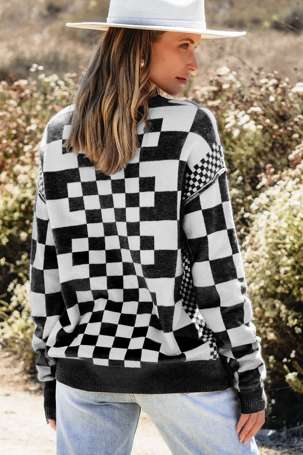 Black Checkered Print Drop Shoulder Round Neck Sweater Top Kittybear Krafts