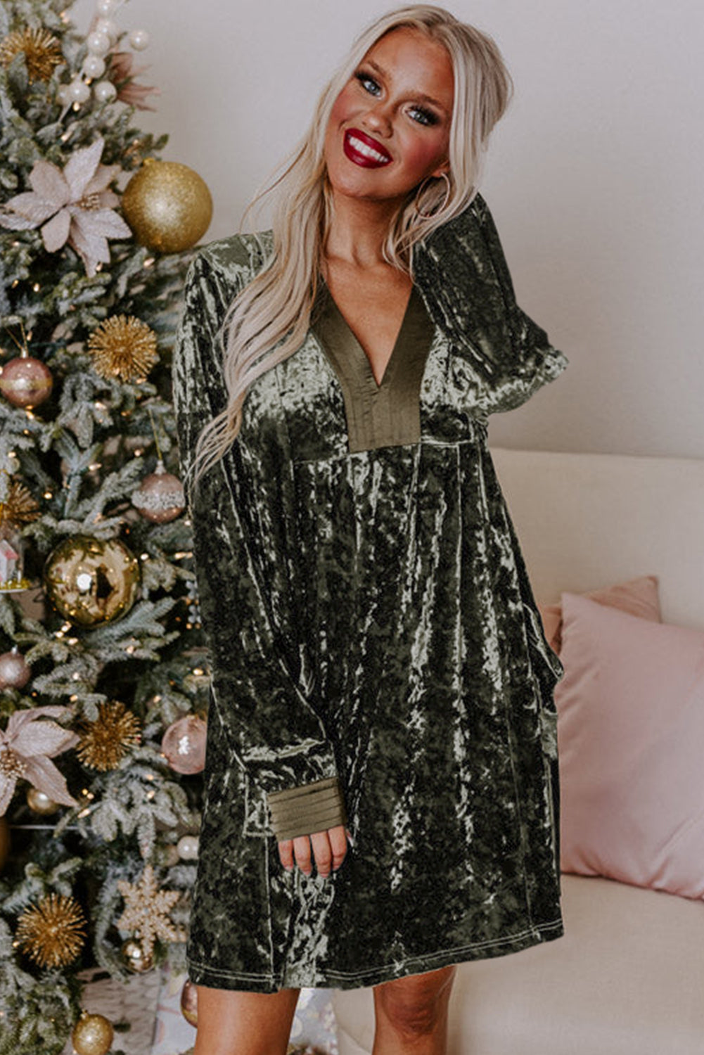 Jungle Green Velvet Long Sleeve V Neck Loose Dress with Pockets Kittybear Krafts