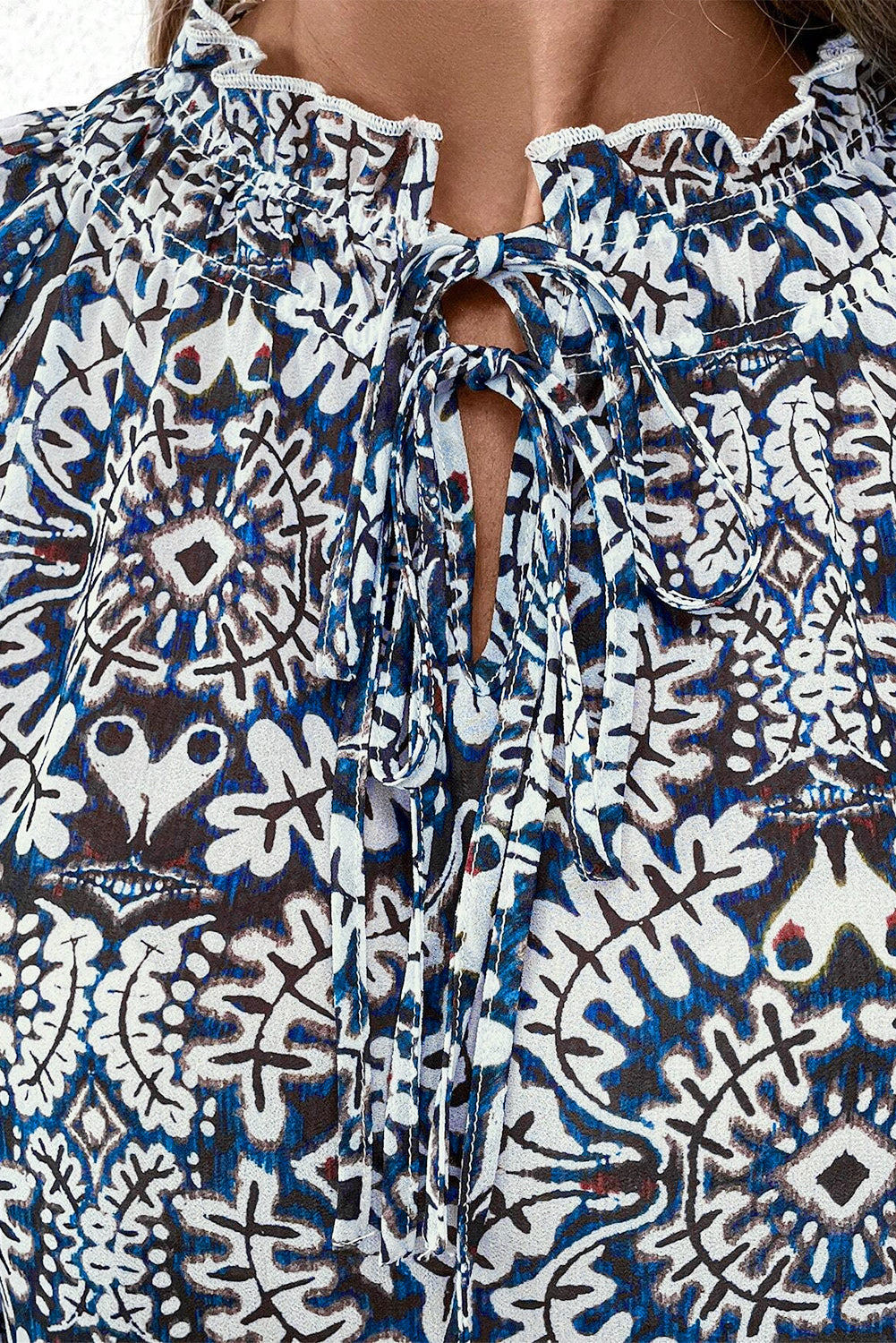 Blue Tribal Print Lace-up Frilled Neck Puff Sleeve Blouse Kittybear Krafts