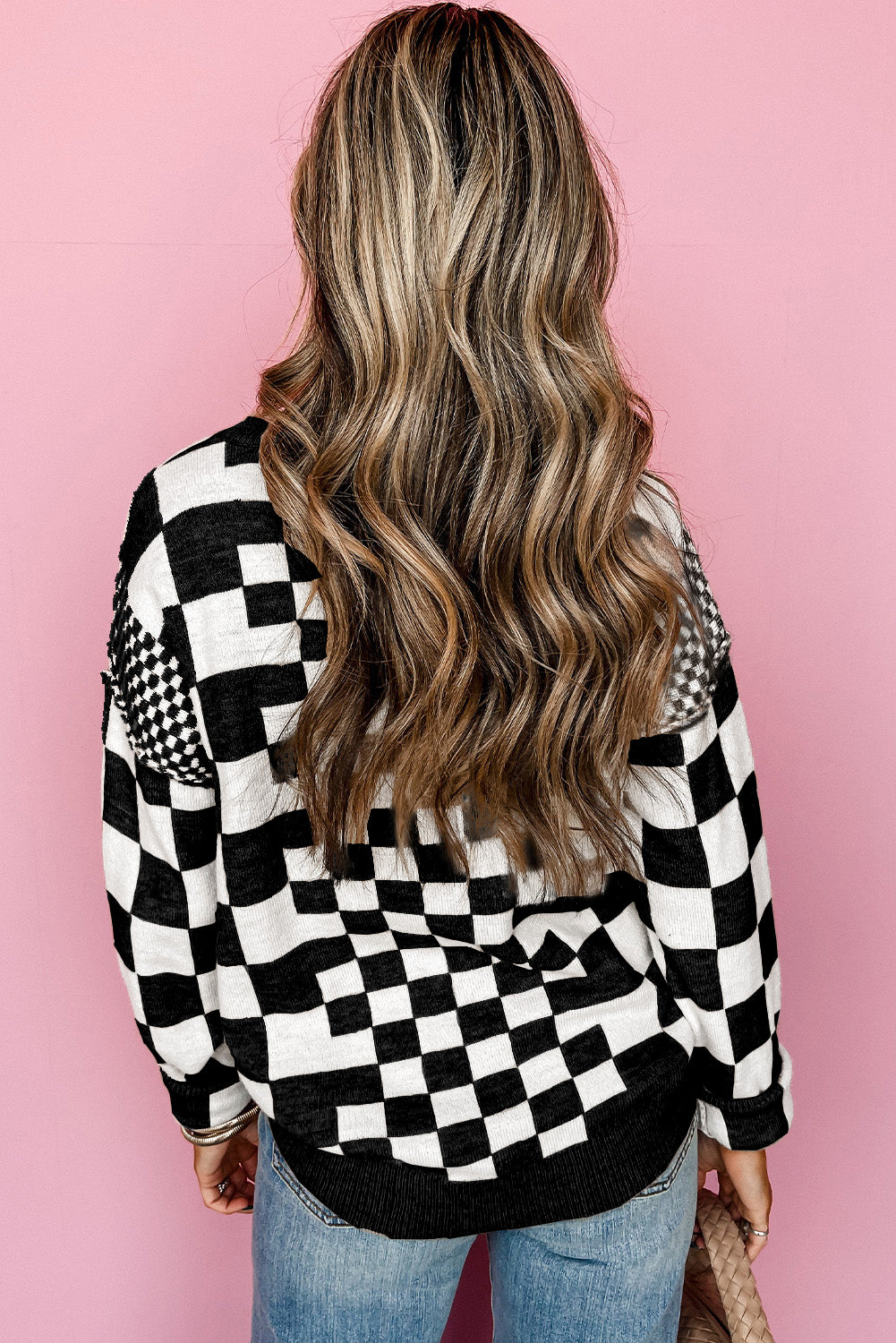 Black Checkered Print Drop Shoulder Round Neck Sweater Top Kittybear Krafts