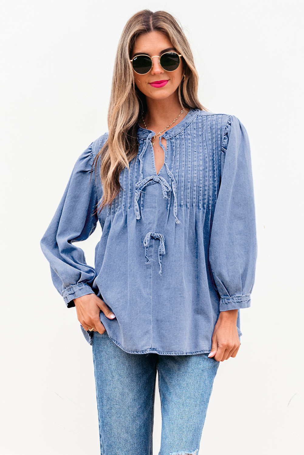 Myosotis Denim Front Pintuck Bow Tie Puff Sleeve Top Kittybear Krafts