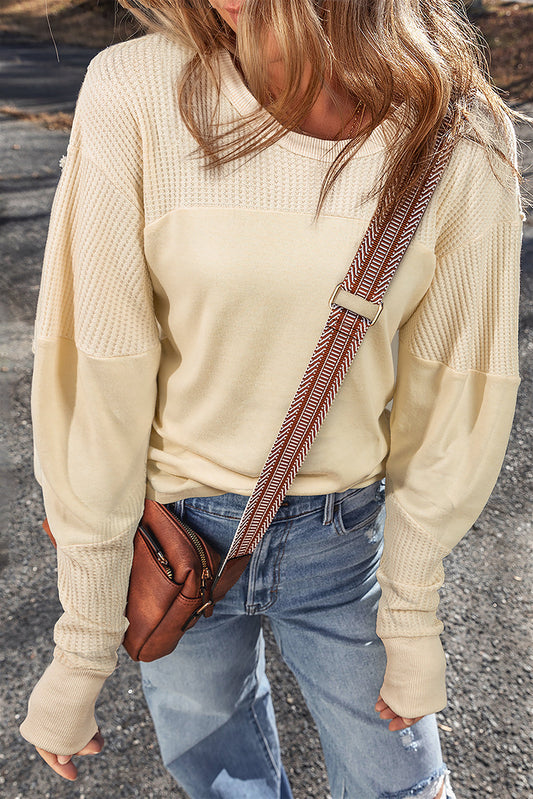 Beige Thermal Knit Patchwork Exposed Seam Long Sleeve Top Kittybear Krafts