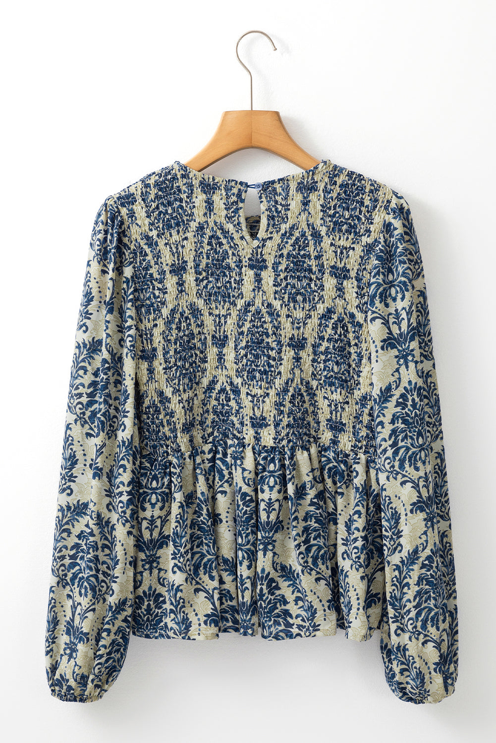 Blue Boho Printed Balloon Sleeve Smocked Peplum Blouse Kittybear Krafts