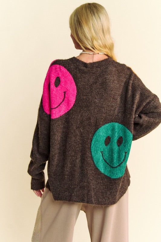 Davi & Dani Contrast Smile Round Neck Oversize Sweater Top Trendsi
