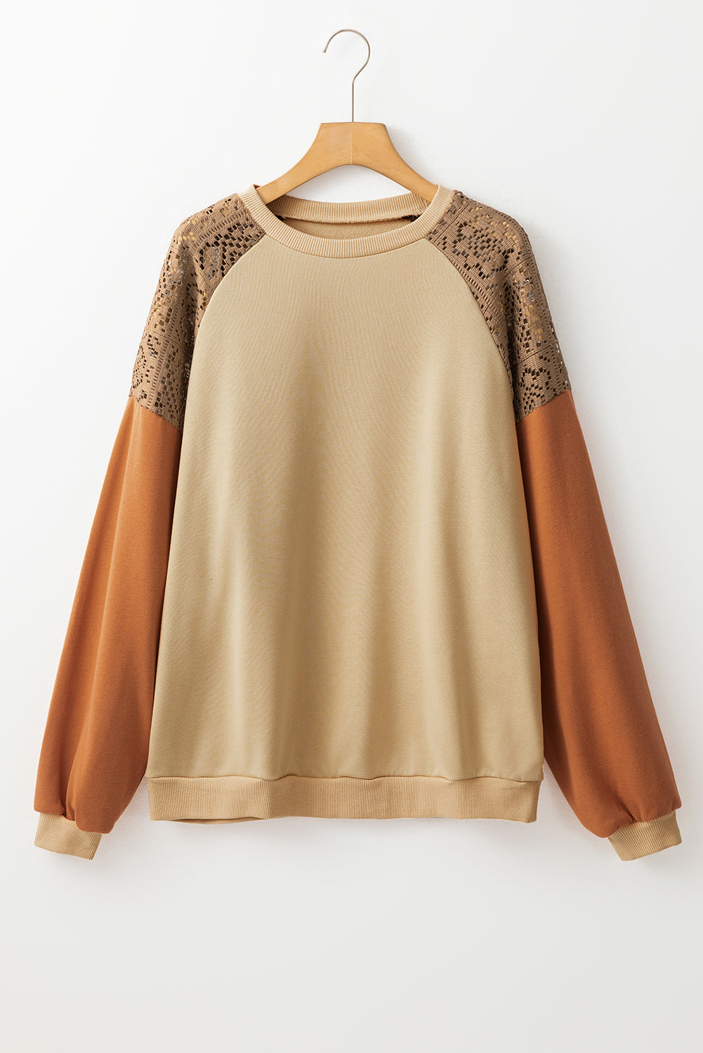 Khaki Lace Patchwork Colorblock Drop Shoulder Oversized Sweatshirt Kittybear Krafts