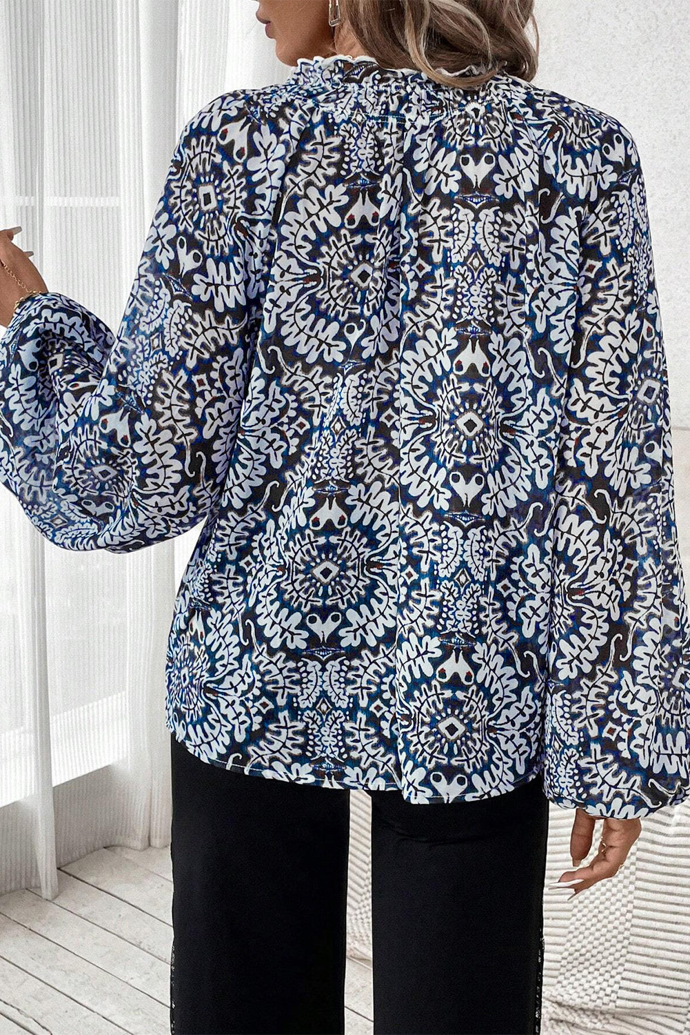 Blue Tribal Print Lace-up Frilled Neck Puff Sleeve Blouse Kittybear Krafts
