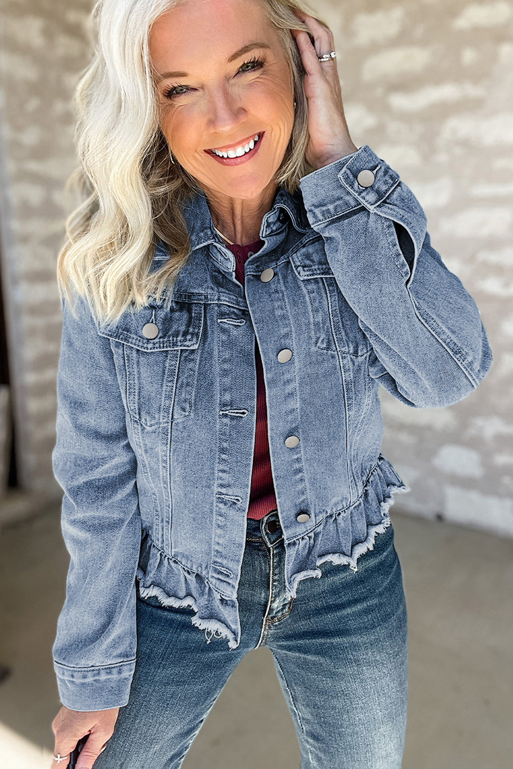 Beau Blue Ruffle Raw Hem Flap Pockets Denim Jacket Kittybear Krafts