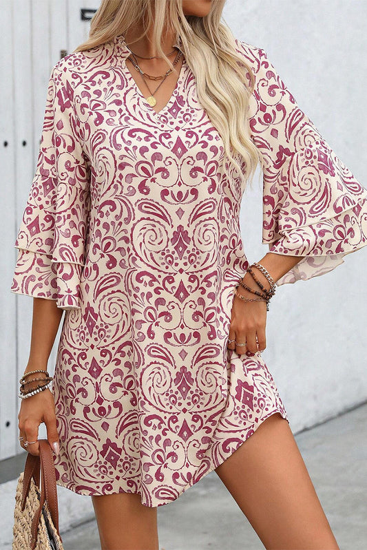 Pink Paisley Print Tiered 3/4 Sleeve Notched Neck Mini Dress Kittybear Krafts