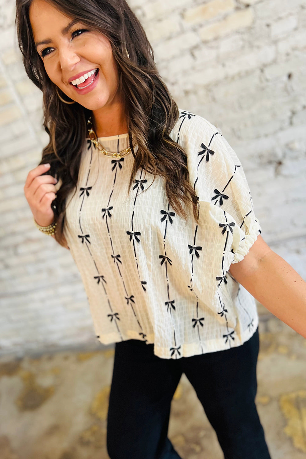 Beige Bow Print Puff Short Sleeve Top Kittybear Krafts