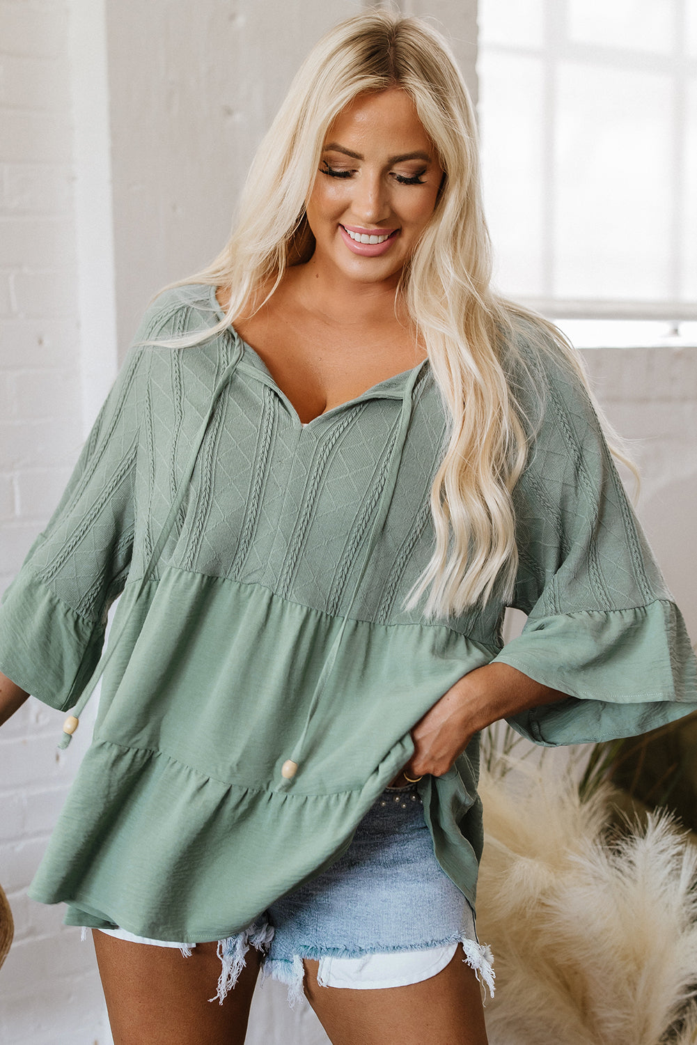 Laurel Green Tie Split Neck Textured Ruffle Patchwork Blouse Kittybear Krafts