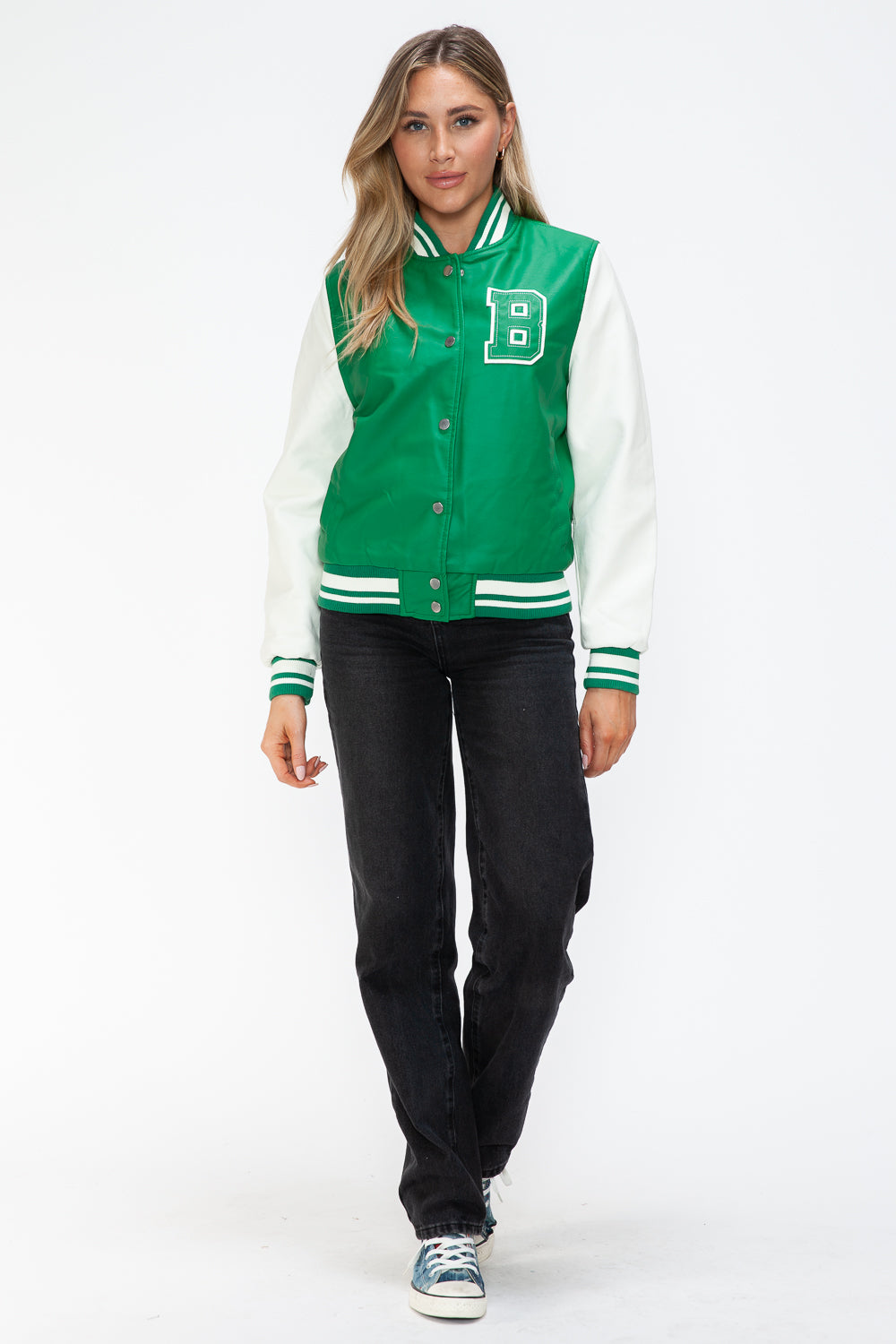 Love Me Now PU Leather Contrast Snap Down Bomber Jacket Trendsi