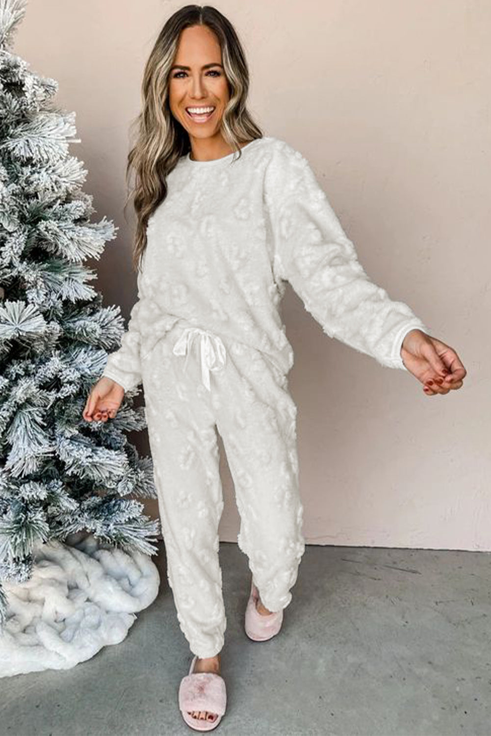 Light Grey Leopard Textured Loose Fit Fleece Loungewear Set Kittybear Krafts