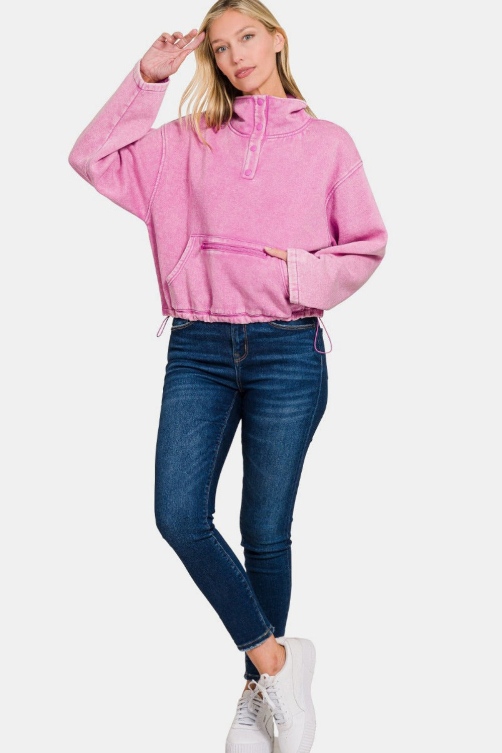 Zenana Acid Wash Fleece Half Snap Crop Sweatshirt with Pocket Trendsi