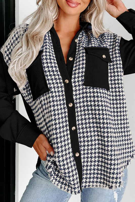 Black Houndstooth Corduroy Patchwork Flap Pocket Shacket Kittybear Krafts
