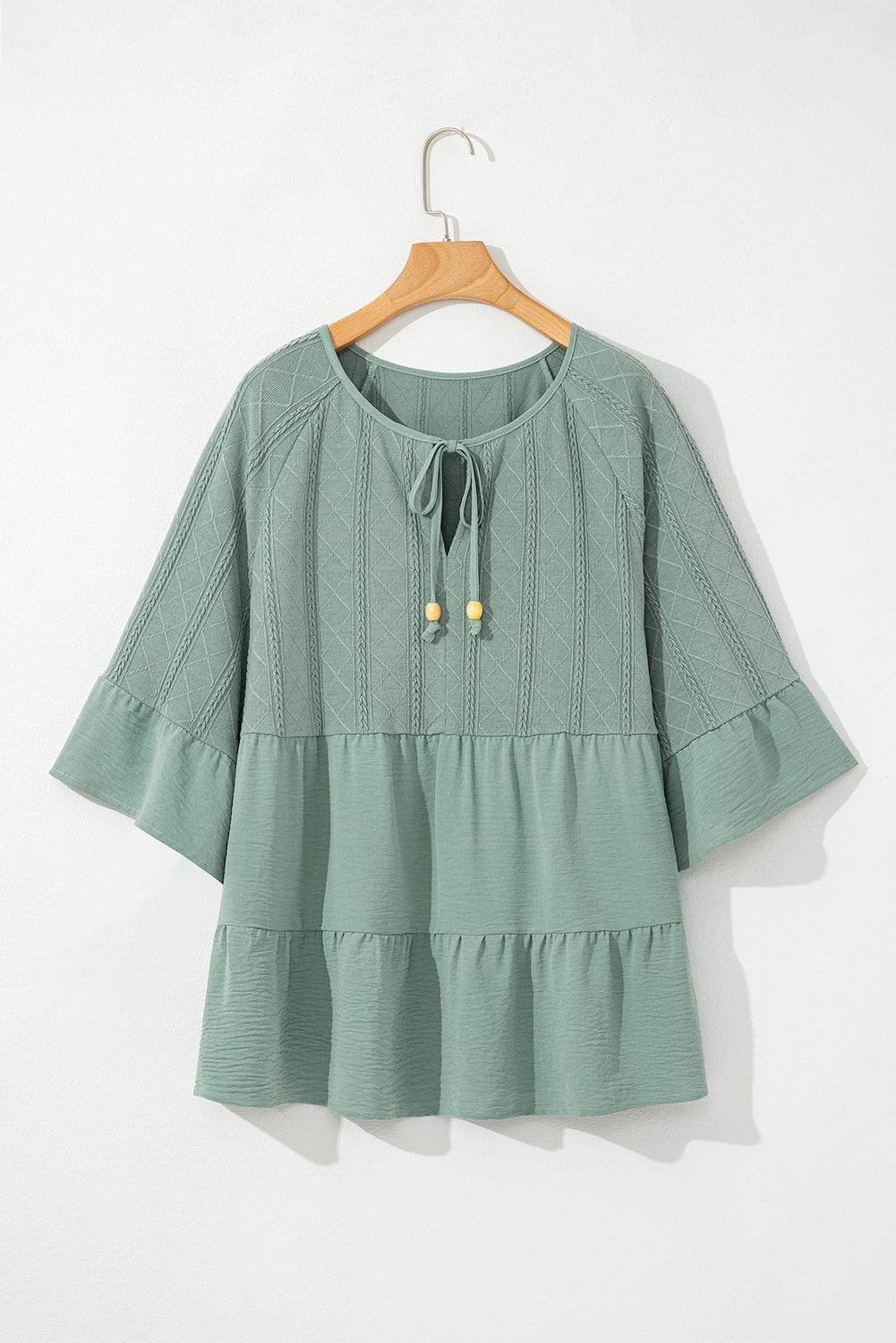 Laurel Green Tie Split Neck Textured Ruffle Patchwork Blouse Kittybear Krafts