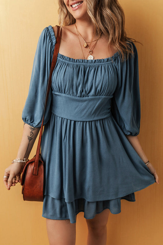 Real Teal Frilled Neckline 3/4 Sleeve Layered Ruched Mini Dress Kittybear Krafts