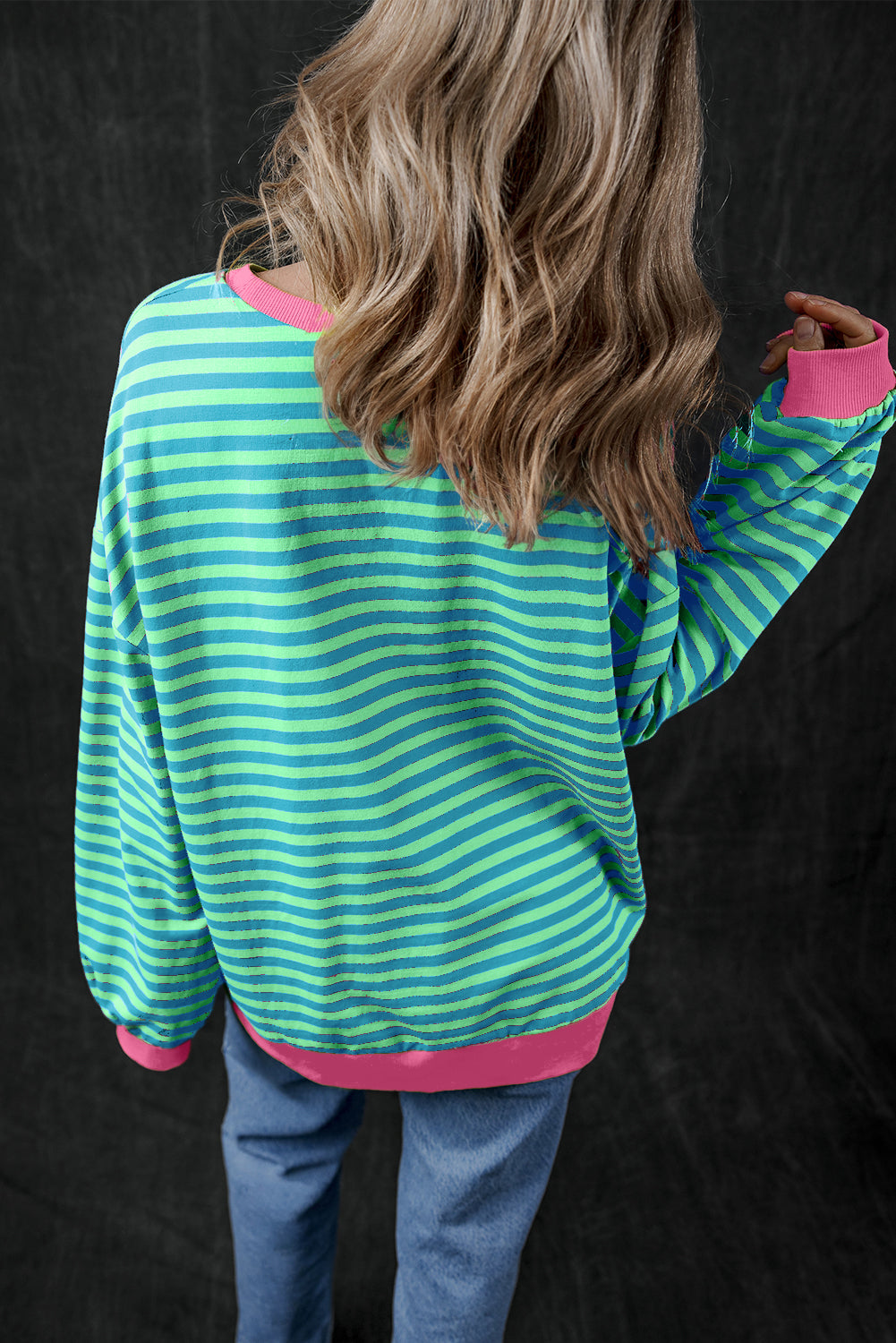 Sky Blue Stripe Oversized Contrast Trim Pullover Sweatshirt Kittybear Krafts