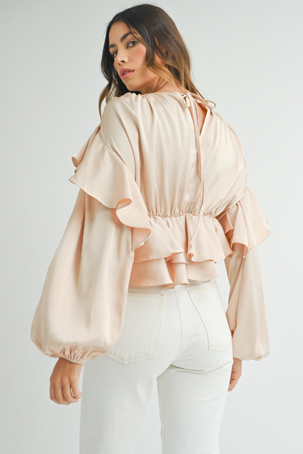 Oatmeal Lace-up Keyhole Back Ruffled Peplum Blouse Kittybear Krafts