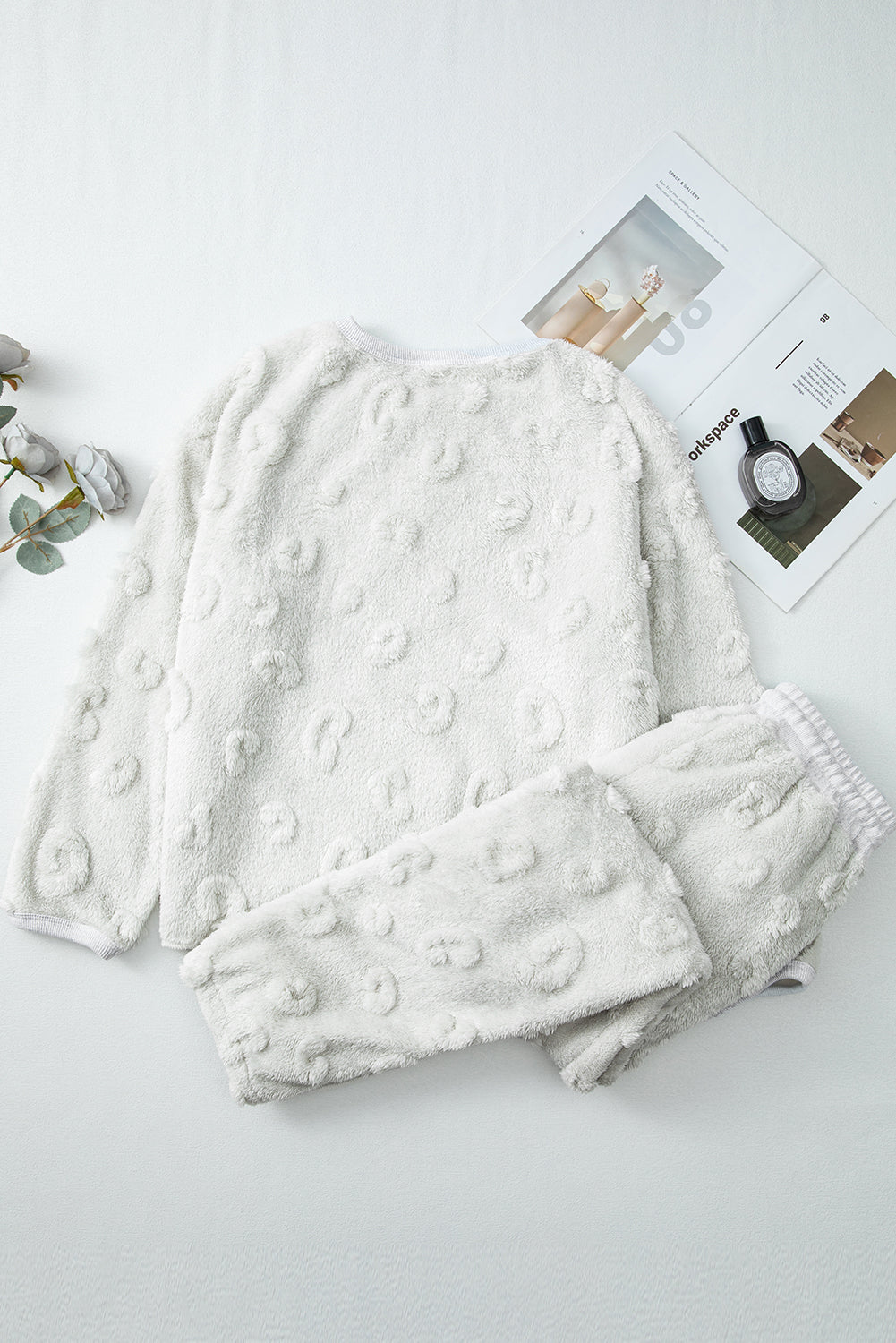 Light Grey Leopard Textured Loose Fit Fleece Loungewear Set Kittybear Krafts