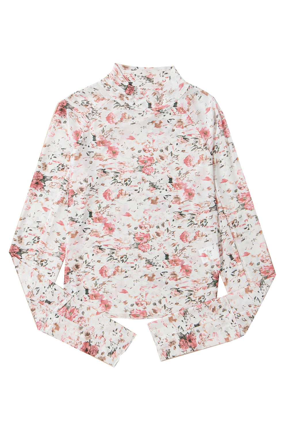 Pink Floral Long Sleeve High Neck Sheath Mesh Top Kittybear Krafts