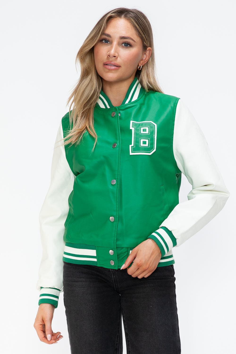 Love Me Now PU Leather Contrast Snap Down Bomber Jacket Trendsi