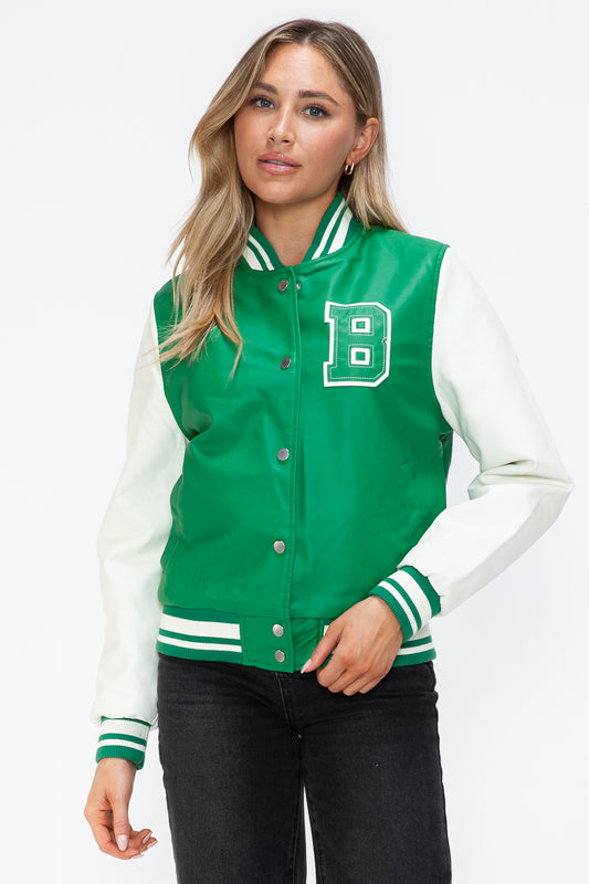 Love Me Now PU Leather Contrast Snap Down Bomber Jacket Trendsi