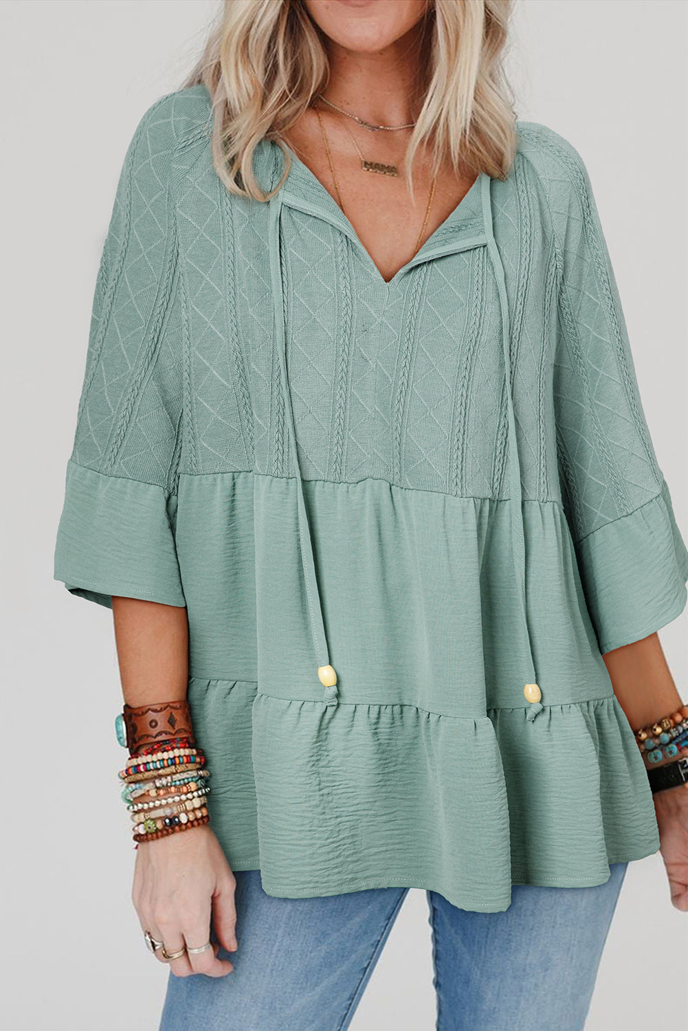 Laurel Green Tie Split Neck Textured Ruffle Patchwork Blouse Kittybear Krafts