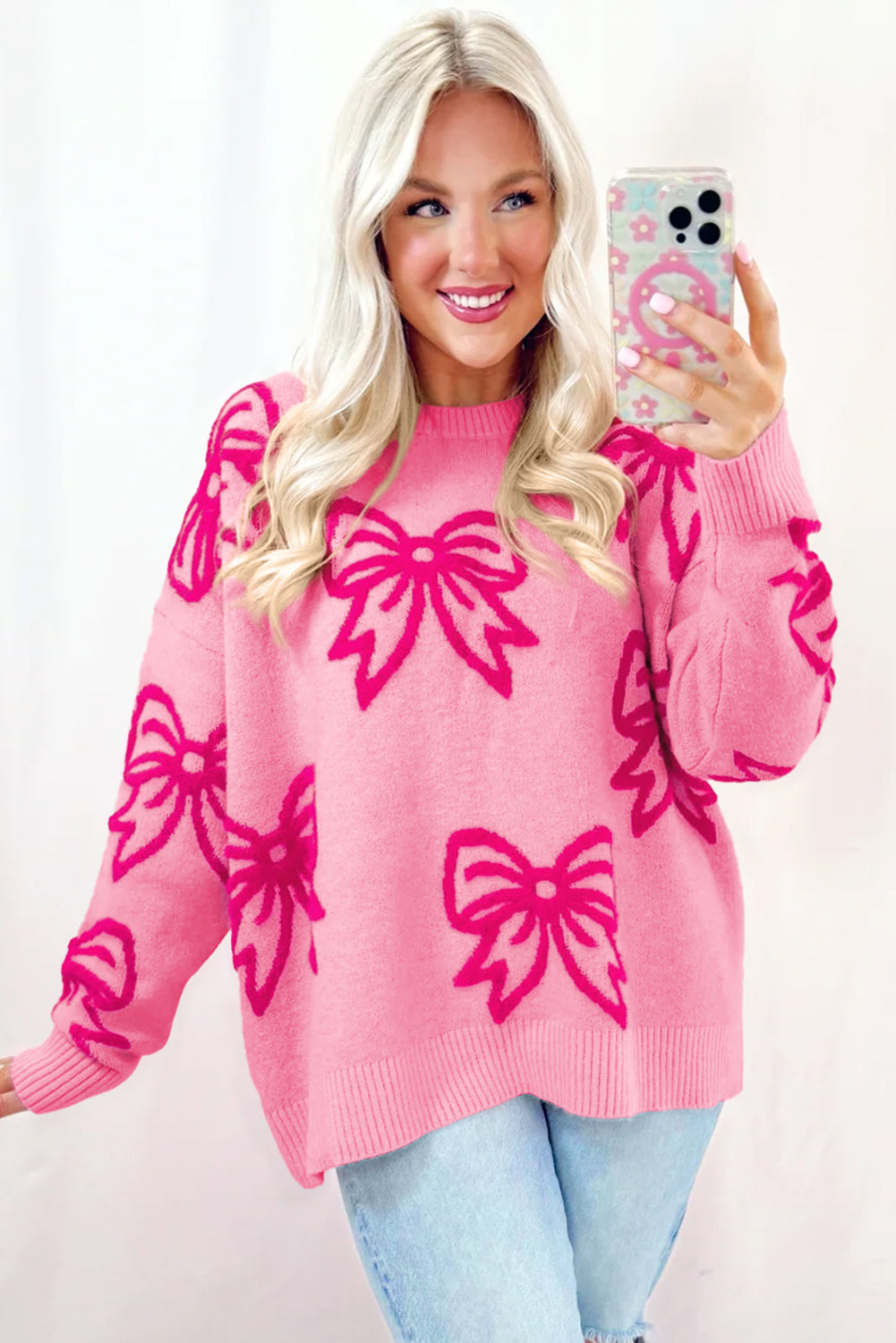 Pink Bow Pattern Drop Shoulder Loose Sweater Kittybear Krafts