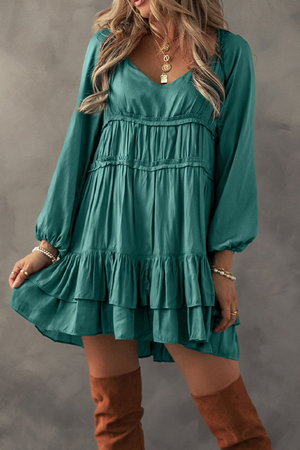 Mist Green Tiered Ruffled Puff Sleeve Loose Fit Mini Dress Kittybear Krafts