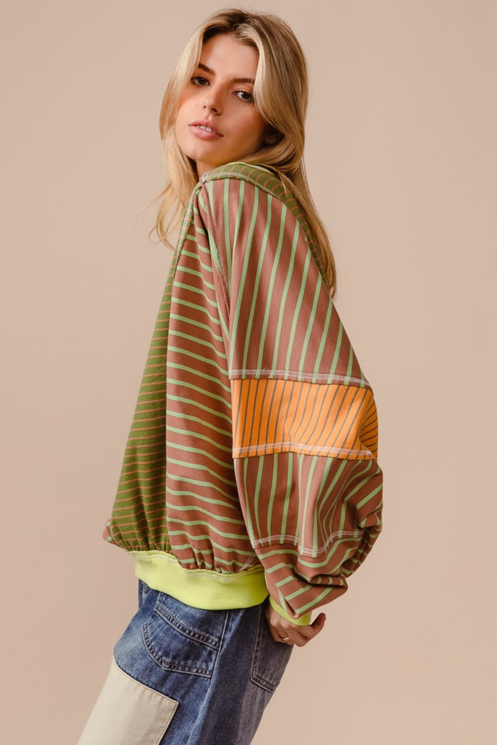 Color Block Striped Round Neck Sweatshirt - Kittybear Krafts