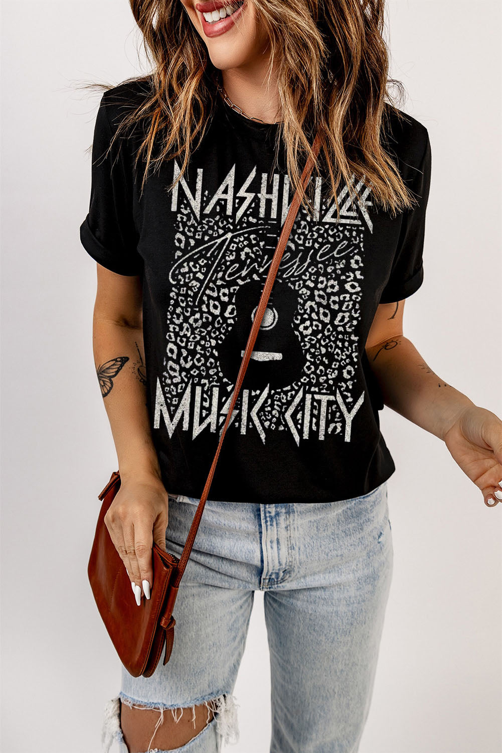 Music City Cuffed Sleeve Round Neck T-Shirt - Kittybear Krafts