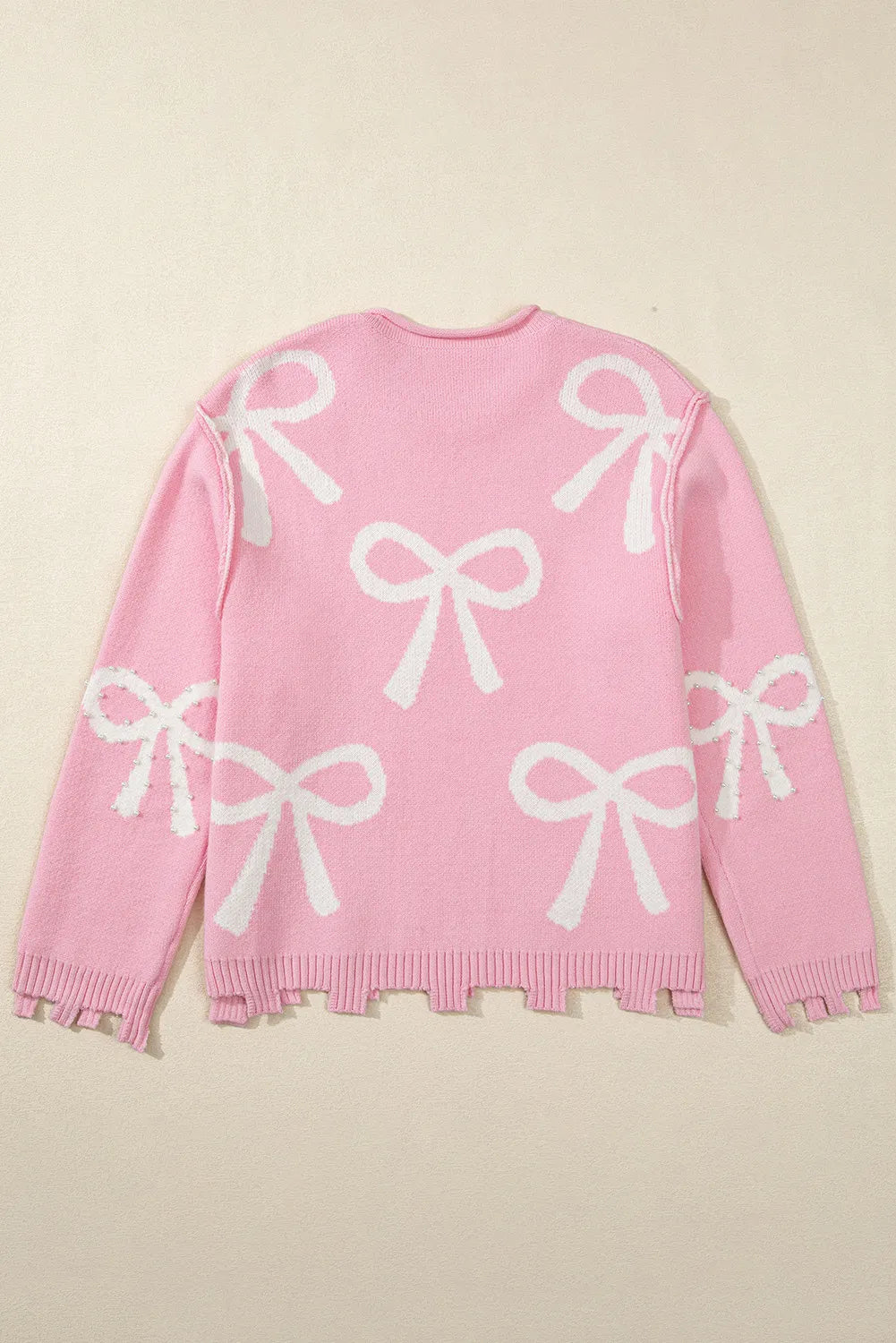 Pearl Detail Pink Bow Round Neck Long Sleeve Sweater Trendsi