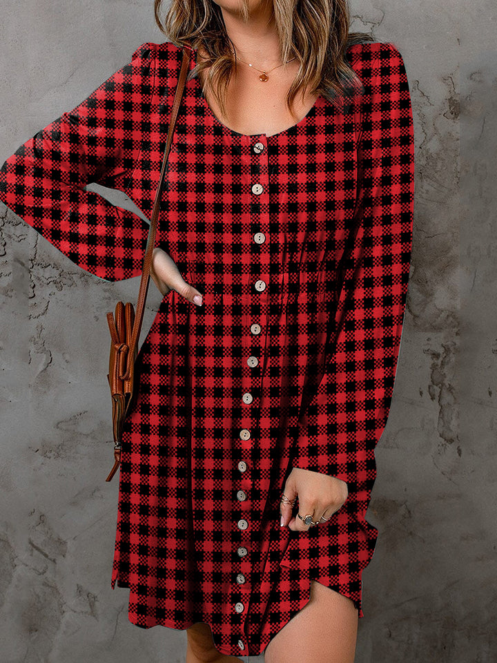 Red & Black Checkered Plaid Round Neck Long Sleeve Magic Christmas Holiday Mini  Dress Trendsi