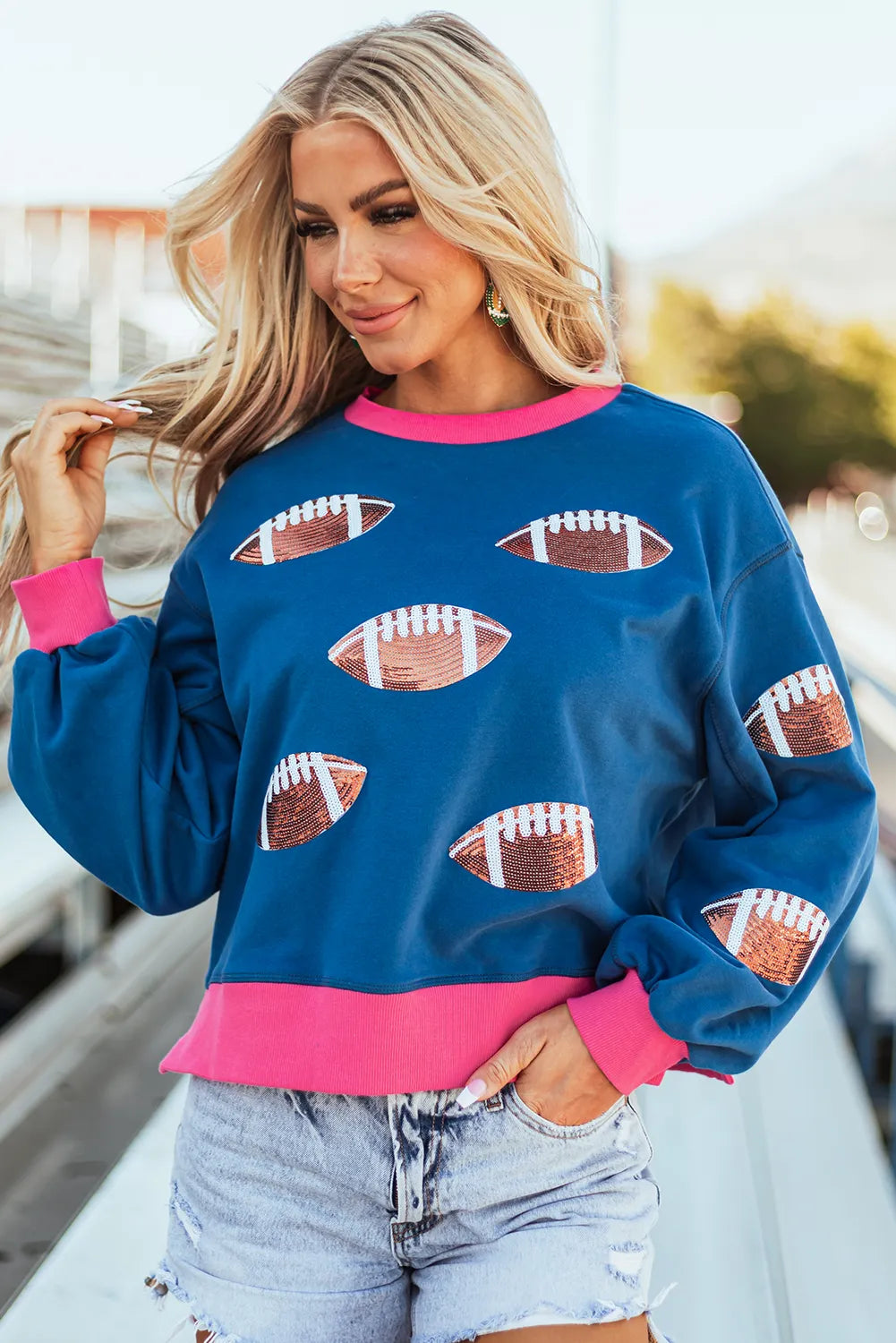 Sequin Contrast Football Long Sleeve Sweater - Kittybear Krafts