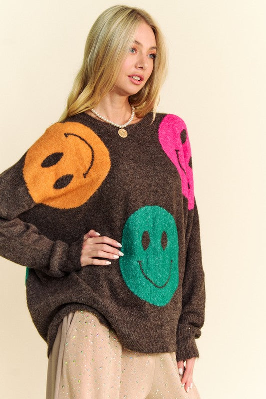 Davi & Dani Contrast Smile Round Neck Oversize Sweater Top Trendsi