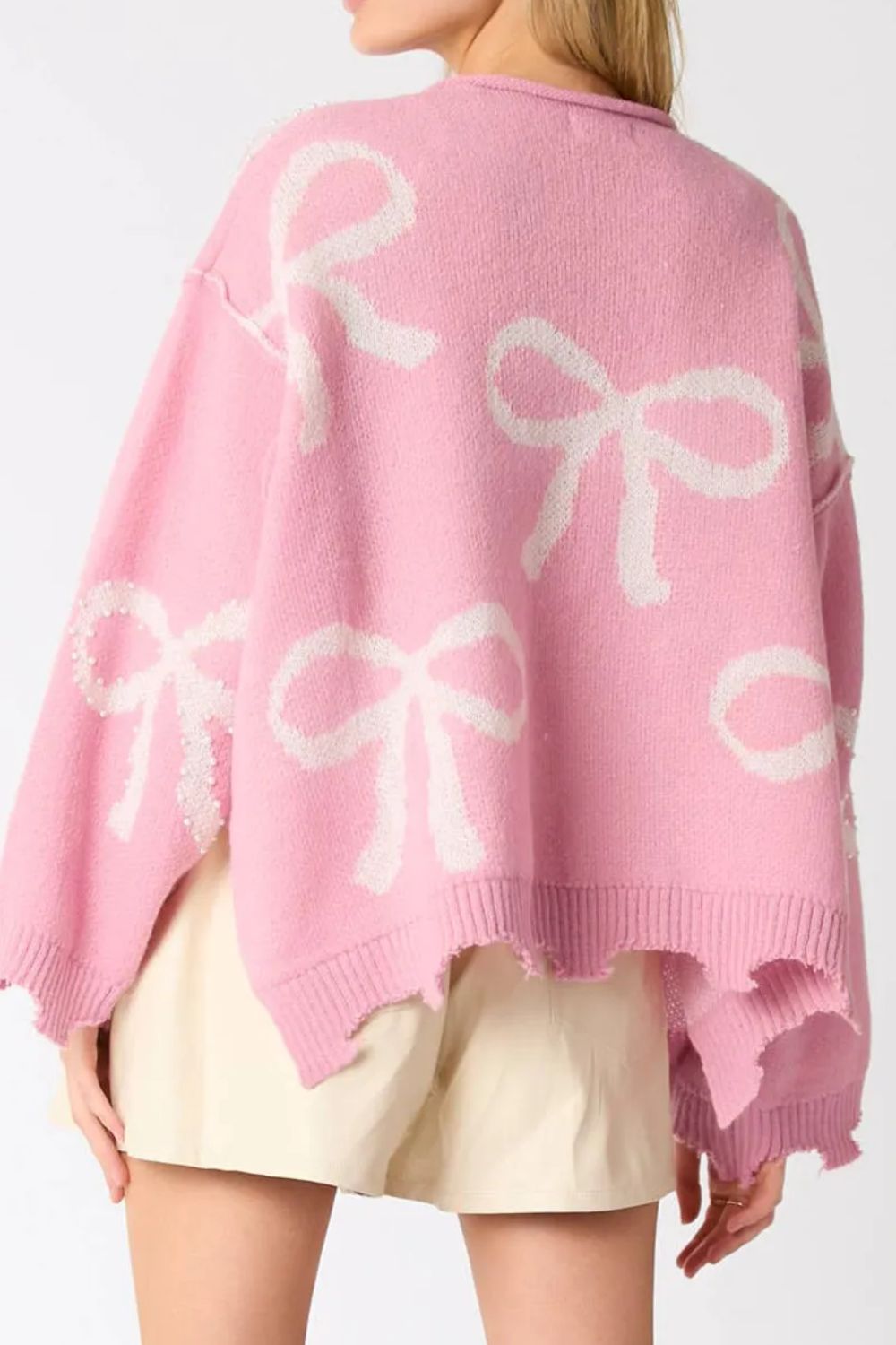 Pearl Detail Pink Bow Round Neck Long Sleeve Sweater Trendsi