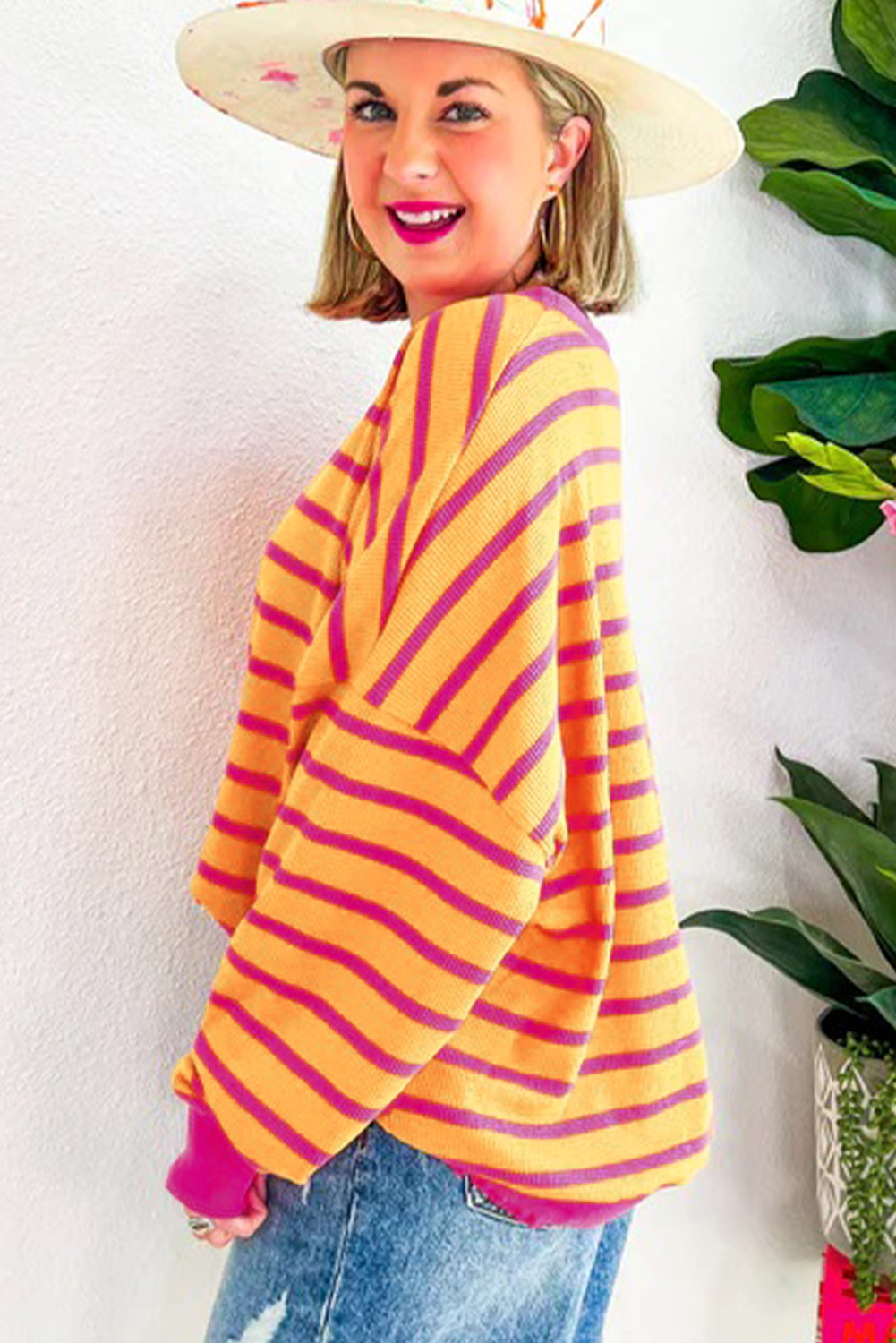 Orange Stripe Trimmed Round Neck Drop Shoulder Loose Sweater Kittybear Krafts