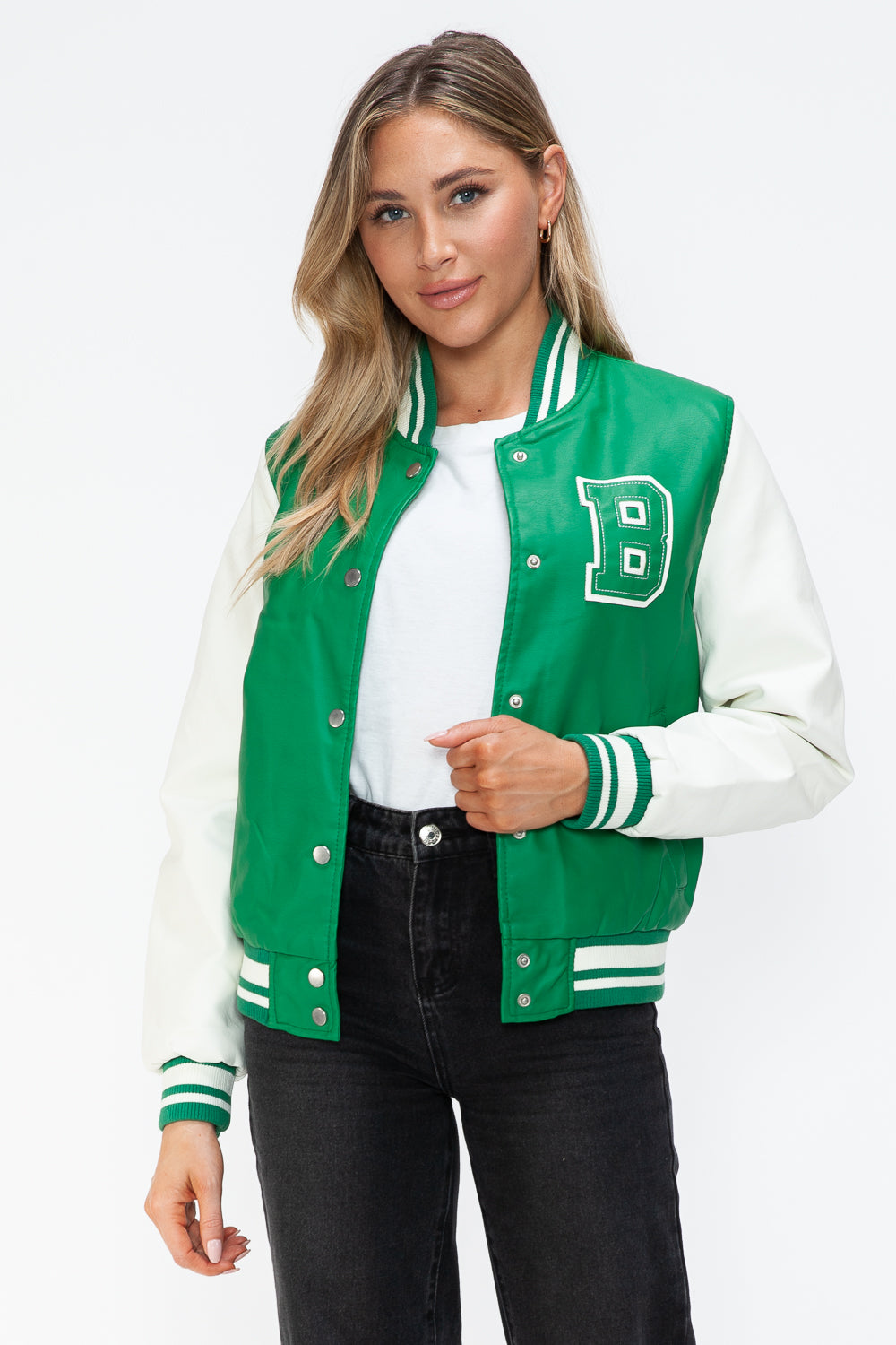 Love Me Now PU Leather Contrast Snap Down Bomber Jacket Trendsi