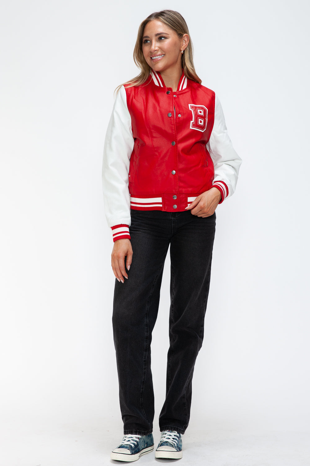 Love Me Now PU Leather Contrast Snap Down Bomber Jacket Trendsi
