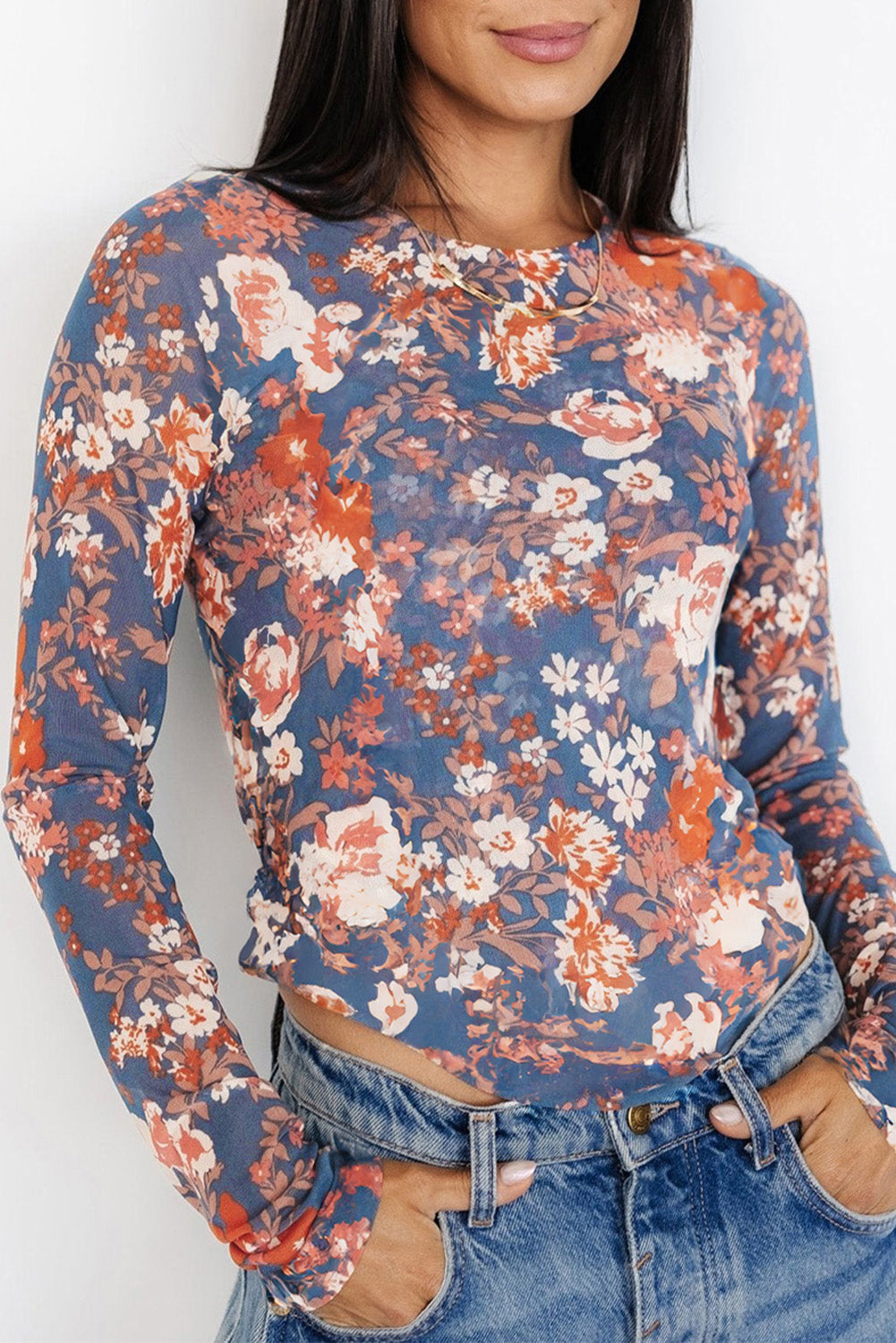 Orchid Petal Floral Print Mesh Fitted Long Sleeve Top Kittybear Krafts