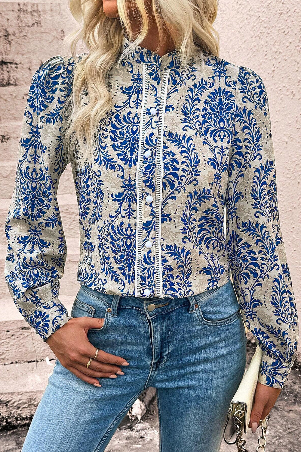 Blue Bohemian Printed Bishop Sleeve Lace Shirt Top Kittybear Krafts