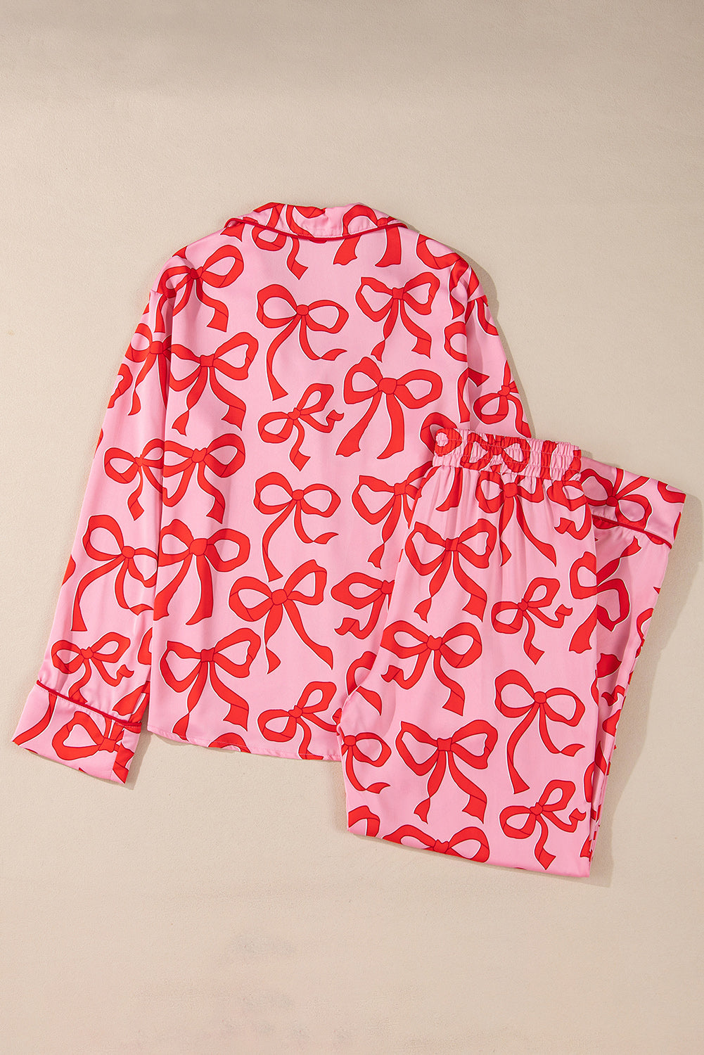 Pink 2pcs Bow Print Shirt Style Long Sleeve Pajama Set Kittybear Krafts