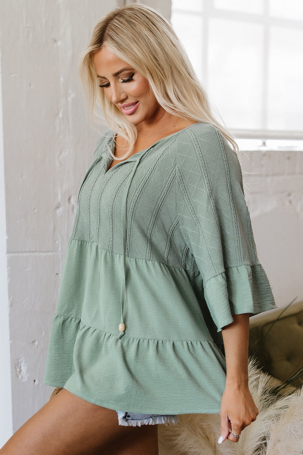 Laurel Green Tie Split Neck Textured Ruffle Patchwork Blouse Kittybear Krafts