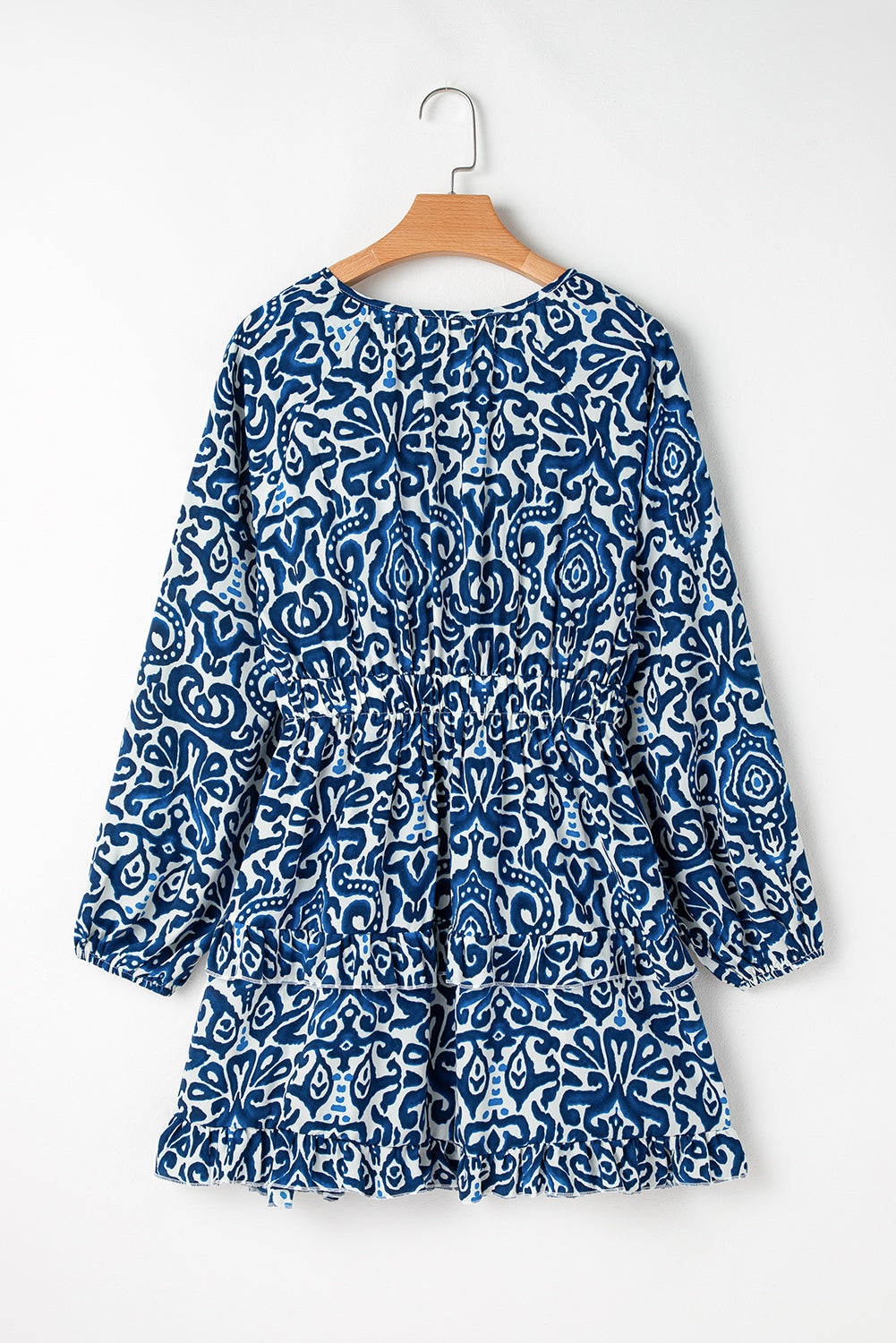Blue Vintage Print Lace up V Neck Long Sleeve Mini Dress Kittybear Krafts