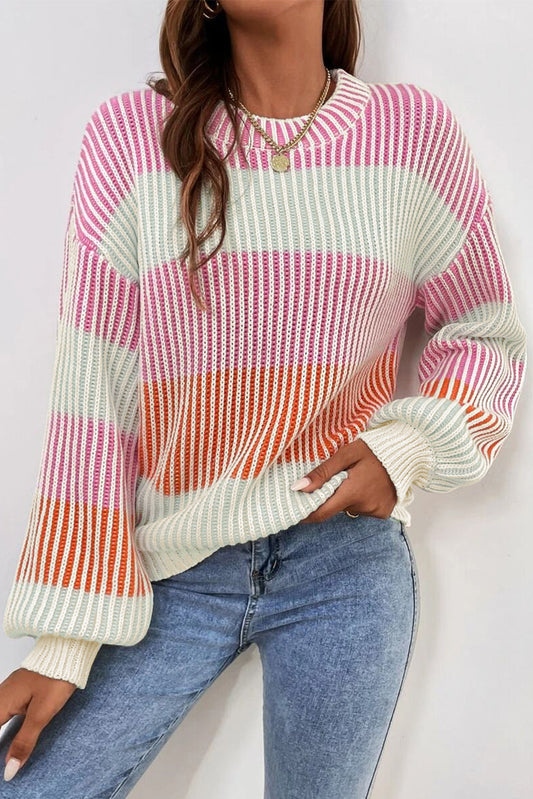 Pink Colorblock Textured Knit Bubble Sleeve Sweater Kittybear Krafts