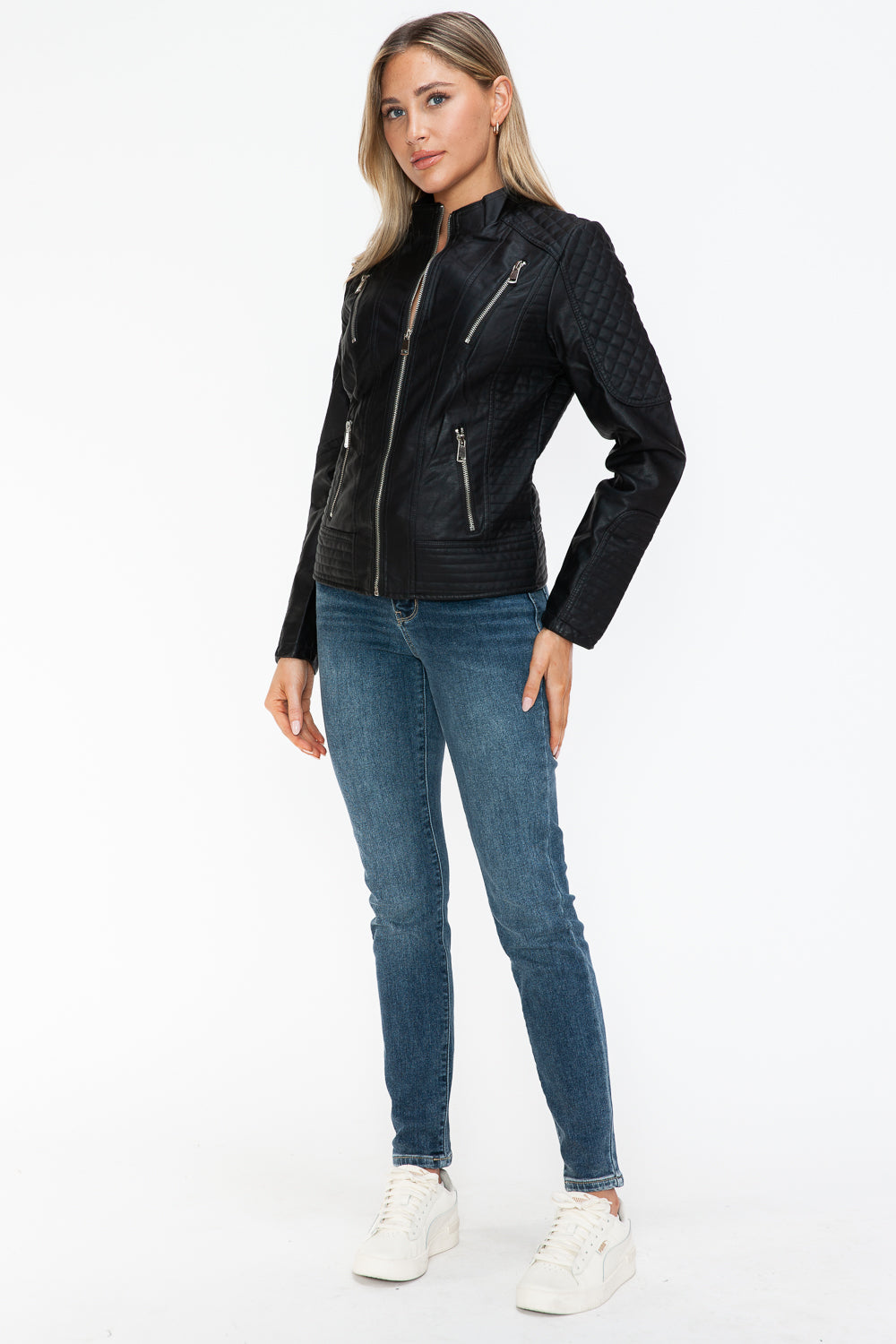 Snobbish Faux Leather Zip Up Mock Neck Jacket Trendsi