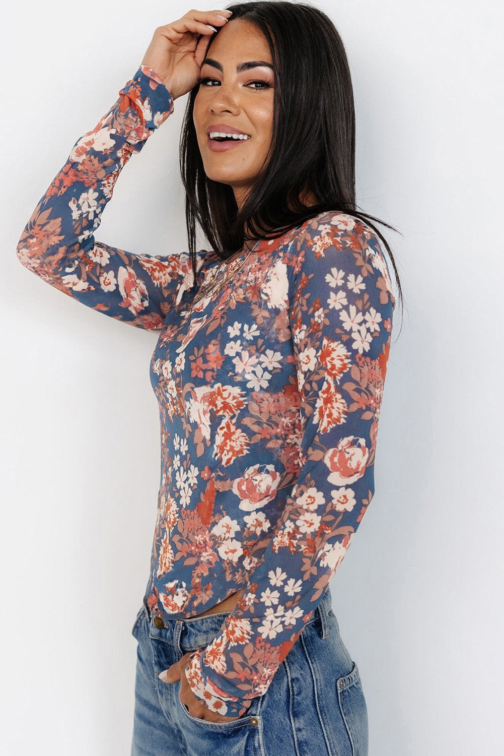 Orchid Petal Floral Print Mesh Fitted Long Sleeve Top Kittybear Krafts