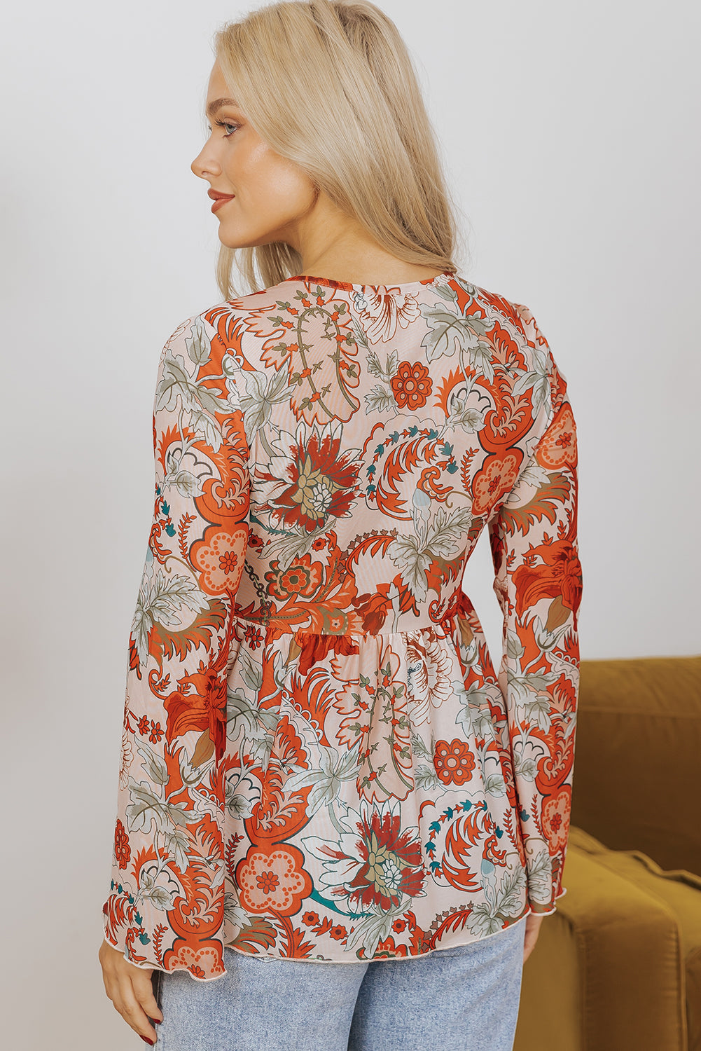 Orange Floral Print Deep V Neck Knot Bell Sleeve Blouse Kittybear Krafts
